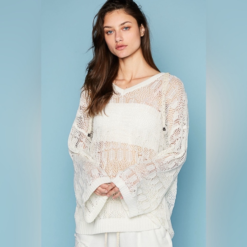 POL Cream Open-Knit V-Neck Sweater